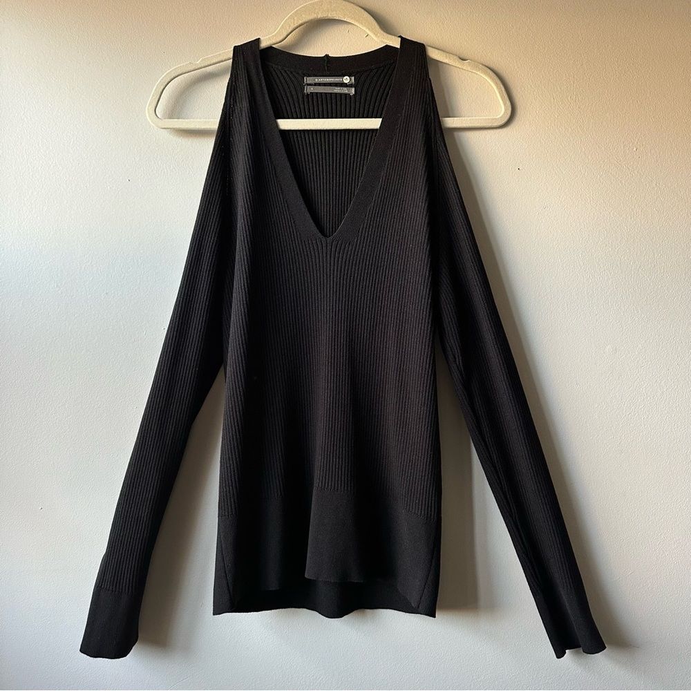 Anthropologie Fontaine Black Ribbed V-Neck Open Shoulder Long Sleeve Top Size S